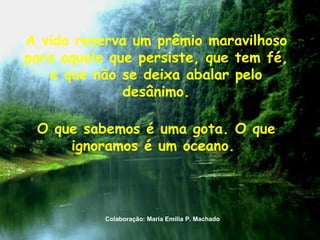 A vida reserva um prêmio maravilhoso
para aquele que persiste, que tem fé,
   e que não se deixa abalar pelo
              desânimo.

 O que sabemos é uma gota. O que
     ignoramos é um oceano.



           Colaboração: Maria Emilia P. Machado
 