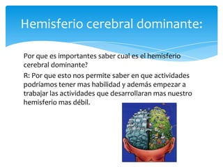 Por que es importantes saber cual es el hemisferio
cerebral dominante?
R: Por que esto nos permite saber en que actividades
podríamos tener mas habilidad y además empezar a
trabajar las actividades que desarrollaran mas nuestro
hemisferio mas débil.
Hemisferio cerebral dominante:
 
