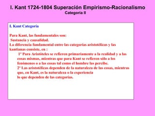 I. Kant 1724-1804 Superación Empirismo-Racionalismo
                                 Categoría II


I. Kant Categoría

Para Kant, las fundamentales son:
Sustancia y causalidad.
La diferencia fundamental entre las categorías aristotélicas y las
kantianas consiste, en :
     1º Para Aristóteles se refieren primariamente a la realidad y a las
    cosas mismas, mientras que para Kant se refieren sólo a los
    fenómenos o a las cosas tal como el hombre las percibe.
    2º Las aristotélicas dependen de la naturaleza de las cosas, mientras
    que, en Kant, es la naturaleza o la experiencia
    lo que dependen de las categorías.
 