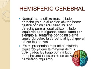 HEMISFERIO CEREBRAL
 Normalmente utilizo mas mi lado
derecho ya que al copiar, chutar, hacer
gestos con mi cara utilizo mi lado
derecho pero al igual utilizo mi lado
izquierdo para algunas cosas como por
ejemplo al sentarme pongo mi pierna
izquierda sobre la derecha al igual que al
cruzar los brazos
 En mi predomina mas mi hemisferio
izquierdo ya que la mayoría de mis
actividades las hago con mi lado
derecho ,entonces en mi se activa mi
hemisferio izquierdo
 