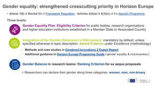 Gender Equality Plan: Eligibility Criterion for public bodies, research organisations
and higher education institutions established in a Member State or Associated Country
Integration of the Gender Dimension in R&I content: mandatory by default, unless
specified otherwise in topic description. Award Criterion under Excellence (methodology)
Gender Balance in research teams: Ranking Criterion for ex aequo proposals
Gender equality: strengthened crosscutting priority in Horizon Europe
• Article 7(6) & Recital 53 of Framework Regulation ; Articles 2(2)(e) & 6(3)(e) of the Specific Programme
Three levels:
+ Researchers can declare their gender along three categories: woman, man, non-binary
⮚ Methods and case studies in Gendered Innovations 2 Expert Report
⮚ Additional guidance in Horizon Europe Programme Guide (‘gender equality & inclusiveness’)
 