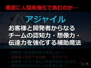 ゕジャ゗ル
お客様と開発者からなる
チームの認知力・想像力・
伝達力を強化する補助魔法
   開発者「巨大滑り台できました！」
   お客様「あれ？左の端、…モゕ゗？」
   開発者「ハ゗！特にご希望がなかったので、
    流行りのモゕ゗にしておきました！」
 