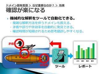    機械的な解釈をツールで自動化できる。
    ◦ 複雑な解釈方法を伴うドメインも扱える。
    ◦ 矛盾や誤りや非効率を自動的に発見できる。
    ◦ 確認時間が短縮されるため思考錯誤しやすくなる。


矛盾

          誤り



               非効率   ツール   レポート
 