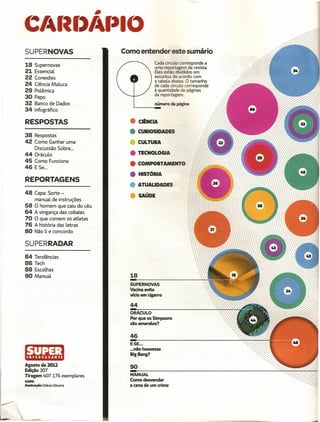 •
C/4f~r)/4rJIO
SUPERNOVAS                           Como entender este sumário
                                                    Cada órculo corresponde a
18     Supernovas                                   uma reportagem da revista.
21     Essencial                                    Eles estão divididos em
22     Conexões                                     assuntos de acordo com
                                                    a tabela abaixo. O tamanho
24     Ciência Maluca                               de cada órculo corresponde
29     Polêmica                                     à quantidade de páginas
                                                    da reportagem.
30     Papo
32     Banco de Dados                               número da página
                                           '-----
34     Infográfico

RESPOSTAS                              •    CIÊNCIA
                                       •    CURIOSIDADES
38 Respostas
42 Como Ganhar uma                     •    CULTURA
   Discussão Sobre ...
44 Oráculo                             •    TECNOLOGIA
45 Como Funciona
                                       •    COMPORTAMENTO
46 E Se...
                                       •    HISTÓRIA
REPORTAGENS
                                       •    ATUAUDADES
48 Capa: Sorte -
       manual de instruções            •    SAÚDE
58     O homem que caiu do céu
64     A vingança das cobaias
70     O que comem os atletas
76     A história das letras
80     Não li e concordo

SUPERRADAR
84     Tendências
86     Tech
88     Escolhas
90     Manual                          18
                                       SUPERNOVAS
                                       Vacina evita
                                       vício em ógarro

                                       44
                                       ORÁCULO
                                       Por que os Simpsons
                                       são amarelos?

                                       46
                                       ESE .••
                                       •_não houvesse
                                       BigBang?

Agosto de 2012
                                       90
Edição 307
Tiragem 407 176 exemplares             MANUAL
CAPA                                   Como desvendar
lIustraçio Otávio Silveira             a cena de um crime
 