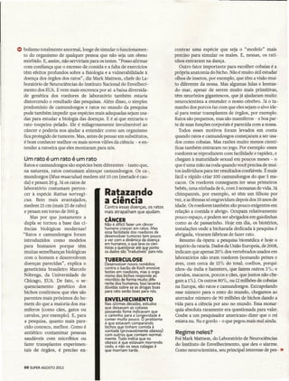 G> bolismo totalmente anormal, longe de simular o funcionamen-                contrar uma espécie que seja o "modelo" mais
        to do organismo de qualquer pessoa que não seja um obeso                   preciso para simular os males. E, nessas, os rati-
        mórbido. E, assim, não serviriam para os testes. "Posso afirmar            nhos entraram na dança.
        com confiança que o excesso de comida e a falta de exercícios                 Outro fator importante para escolher cobaias é a .
        têm efeitos profundos sobre a fisiologia e a vulnerabilidade à             própria anatomia do bicho. Não é muito útil estudar
        doença dos órgãos dos ratos", diz Mark Mattson, chefe do La-               olhos de insetos; por exemplo, que têm a visão mui-
        boratório de Neurociências do Instituto Nacional do Envelheci-             to diferente da nossa. Mas algumas lulas e lesmas-
        mento dos EUA.E vem mais encrenca por aí: a baixa diversida-               do-mar, apesar de serem muito mais primitivas,
        de genética dos roedores de laboratório também estaria                     têm neurônios gigantescos, que já ajudaram muito
        distorcendo o resultado das pesquisas. Além disso, o simples               neúrocientísta a entender o nosso cérebro. Já o ta-
        predomínio de camundongos e ratos no mundo da pesquisa                     manho dos porcos faz com que eles sejam o alvo ide-
        pode também impedir que espécies mais adequadas sejam usa-                 al para testar transplantes de órgãos, por exemplo.
        das para estudar a biologia das doenças. E é aí que entraria o             Ratos são pequenos, mas são mamíferos - e boa par-
        rato-toupeira-pelado.   Ele é milagrosamente invulnerável ao               te de suas funções corporais é parecida com a nossa.
        câncer e poderia nos ajudar a entender como um organismo                      Todos esses motivos foram levados em conta
        fica protegido de tumores. Mas, antes de pensar em substitutos,            quando ratos e camundongos começaram a ser usa-
        é bom conhecer melhor os mais novos vilões da ciência - e en-              dos como cobaias. Mas razões muito menos cientí-
        tender a ratoeira que eles montaram para nós.                              ficas também entraram no jogo. Por exemplo: esses
                                                                                   roedores se reproduzem com facilidade e rapidez, e
        Um rato é um rato é um rato                                                chegam à maturidade sexual em poucos meses - o
       Ratos e camundongos são espécies bem diferentes - tanto que,                que é uma mão na roda quando você precisa de mui-
       na natureza, ratos costumam almoçar camundongos. Os ca-                     tos indivíduos para ter resultados confiáveis. É mais
       mundongos (Mus musculus) medem até 10 em (metade é cau-                     fácil e rápido criar 100 camundongos do que 5 ma-
       da) e pesam 20 g. Já os ratos de                                            cacos. Os -roedores conseguem ter seus primeiros
       laboratório costumam perten-                                                bebês, uma ninhada de 6, com 5 semanas de vida. Já
        cer à espécie Rattus norvegi-            Ratazando
                                                      eAo        e
                                                                                   chimpanzés, por .exemplo, só têm um filhote por
        cus. Bem mais avantajados,
       medem 25 cm (mais 25 de rabo)
                                                 a elenela                         vez, e as fêmeas só engravidam depois dos 10 anos de
                                                                                   idade. Os roedores também são pouco exigentes em
                                             Contra essas doenças, os ratos
        e pesam em torno de 500 g.           mais atrapalham que ajudam.           relação a comida e abrigo. Ocupam relativamente
            Mas por que justamente a                                               pouco espaço, e podem ser abrigados em gaiolinhas
                                             CÂNC-ER                               como as de passarinho. Hoje em dia, os biotérios,
        dupla se tornou a base das ci-       Não é difícil fazer um câncer
        ências biológicas modernas?          humano crescer em ratos. Mas          instalações onde a bicharada dedicada à pesquisa é
                                             essa facilidade dos roedores de
       "Ratos e camundongos foram            desenvolver tumores tem pouco         abrigada, viraram fábricas de fazer rato.
       introduzidos como modelos             a ver com a dinâmica da doença           Resumo da ópera: a pesquisa biomédica é hoje o
                                             em humanos, o que leva os cien-
I      para humanos porque têm               tistas a questionar até que ponto     império da rataria. Dados da União Europeia, de 2008,
t:
"
       muitas semelhanças biológicas         os dados são-"traduzíveis"para nós.   indicam que apenas 20% dos vertebrados usados em
il
        com o homem e desenvolvem                                                  laboratórios não eram roedores (somando peixes e
                                             TUBERCULOSE
        doenças parecidas", explica o        Desenvolver novos remédios             aves, com cerca de 15% do total; coelhos, porqui-
        geneticista brasileiro Marcelo       contra o bacilo de Koch envolve       nhos-da-índía e hamsters, que fazem outros 5%;-e
                                             testes em roedores, mas o orga-
       Nóbrega, da Universidade de           nismo dos bichos responde ao           cavalos, macacos, porcos e cães, que juntos não che-
        Chicago, EUA. De fato, o se-         micróbio de forma muito dife-         gam a 1%). Os outros 80%, ou 12milhões de cobaias
                                             rente dos humanos. Isso levanta
        quenciamento      genético dos       dúvidas sobre se as drogas boas       na Europa, são ratos e camundongos. Extrapolando
        bichos confirmou que eles são        para rato serão boas para nós.         esse número para o resto do mundo, chegamos ao
        parentes mais próximos do ho-        ENVELHECIMENTO                        aterrador número de 90 milhões de bichos dando a
       mem do que a maioria dos ma-          Nas últimas décadas, estudos          vida para a ciência por ano no mundo. Essa monar-
                                             que deixavam as cobaias                quia absoluta raramente era questionada para valer.
        míferos (como cães, gatos ou         passando fome indicavam que
        cavalos, por exemplo). E, para       o caminho para a longevidade é         Coube a um pesquisador americano dizer que o rei
                                             comer muíto pouco. O problema          estava nu. Nu e gordo - o que pegou mais mal ainda.
        a pesquisa, quanto mais pare-        é que estavam comparando
        cido conosco, melhor. Como é         bichos que tinham comida à
                                             vontade {provavelmente obesos)
        antiético contaminar pessoas         com outros que comiam normal-         Regime ne1es?
        saudáveis com micróbios ou'          mente. Tudo indica que os             Foi Mark Mattson, do Laboratório de Neurociências
        fazer transplantes experímen-        obesos é que estavam morrendo         do Instituto de Envelhecimento, que deu o alarme.
                                             cedo, e não os seus colegas é
        tais de órgãos, é preciso en-        que morriam tarde.                    Como neurocientista, seu principal interesse de pes- ))


        66 SUPER AGOSTO 2012
 