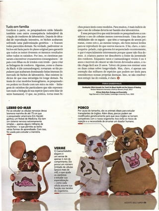 Tudo em família                                                    chos pouco úteis como modelos. Para muitos, é mais indício de
Gordices à parte, os pesquisadores estão lidando                   que o uso de cobaias deveria ser banido dos laboratórios.
também com outra consequência indesejável da                          É essa perspectiva que está levando os pesquisadores a con-
criação de roedores de laboratório. Depois de déca-                siderar o uso de cobaias menos convencionais. Uma das pos-
das de reprodução intensiva, os bichos acabaram                    sibilidades são os saguís - que têm a vantagem de serem pri-
sofrendo uma padronização genética - e ficaram                     matas, como nós e, ao mesmo tempo, são bem menos lerdos
todos parecidos demais. Na verdade, padronizar os                  para se reproduzir do que outros macacos. E há, claro, o rato-
bichos até fazia parte do plano original para garantir             toupeira-pelado, cujo genoma foi sequenciado recentemente,
que todos os testes tivessem os mesmos resultados                  e que é especialmente interessante porque quase não fica do-
sobre todos os ratinhos. Por isso, os cientistas pas-              ente. A criatura parece ter descoberto a fonte da juventude
saram a incentivar cruzamentos consanguineos - de                  dos roedores. Enquanto ratos e camundongos vivem 3 ou 4
pais com filhas ou de irmãos com irmãs - para criar                anos e morrem de câncer se não forem devorados antes, o ra-
as linhagens de roedores. Algumas, como a chama-                   tão chega fácil aos 25 anos. Talvez ele possa nos ensinar uma
da Black-6 (de camundongos), tornaram-se tão po-                   ou duas coisas sobre longevidade. Mas, claro, é apenas um
pulares que acabaram dominando fatias imensas do                   exemplo das milhares de espécies que podem ser úteis para
mercado de bichos de laboratório. Mas existem in-                  entendermos nossas próprias doenças. Isso, se não resolver-
dícios de que essa estratégia foi longe demais. Na                 mos entupi-Ias de comida, é claro. O
ânsia de criar modelos homogêneos, os pesquisado-
res podem ter ficado com um mico na mão - linha-                                                  PARA SABER MAIS

gens de ratinhos tão particulares que não represen-                    Zoobiqulty: What AniIn3Is (an Teach Us About HeaIth anel the Science of HeaUng
                                                                                   Bárbara NattersOrH1orowitz e Kathryn Bowers. Knopf. 2012
tam mais a biologia de sua espécie (para nem falar de                                     African MoIe-Rats: Ecology and EusociaIity
seres humanos). O que, na prática, torna esses bi-                              Nigel Bennett e Chris Faulkes, Cambridge University Press, 2000




LEBRE-DO-MAR                                                       PORCO
Foi ao estudar as células nervosas dessa                           Por causa do tamanho, são os animais ideais para estudar
lesmona marinha de até 75 cm que                                   transplantes de órgãos. Além disso, porcos podem ser
o pesquisador americano Eric Kandel                                modificados geneticamente para que seus órgãos se tornem
ganhou um Nobel de Medicina. Ela tem                               compatíveis com o nosso organismo. Isso evita os riscos de
um sistema nervoso extremamente                                    rejeição e a necessidade de arrumar um doador humano.
simples - apenas alguns milhares de
neurônios - e que permite ao bicho
várias formas de aprendizado. Com isso,
foi usada para estudar a memória.




                                             VERME
                                             O Caenorhabditis
                                             eLegans é
                                             um verme de
                                             apenas 1 mm de
                                             comprimento. Ele
                                             possui um número
                                             limitado de células
                                             (pouco mais de
                                             rníl), o que ajuda
                                             os cientistas
                                             a estudar sua
                                             especialização
                                             - como cada
                                             célula assume sua
                                             função nos tecidos
                                             do organismo.
 