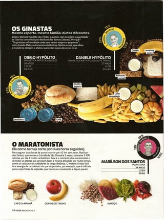 o MARATONISTA
Ele come bem (e corre por duas horas seguidas).
Para segurar duas horas de prova e correr por 42 km sem parar, Marílson
dos Santos, que venceu a Corrida de São Silvestre 3 vezes, consome 3 500
calorias por dia. E muito carboidrato. Esse é o nutriente dos maratonistas e
de todos os atletas que precisam fazer a mesma atividade por muito tempo,
como os ciclistas e os nadadores de longa distância. O motivo: é mais fácil
                                                                                MARíLSON DOS SANTOS
                                                                                                                                  MARATONA
                                                                                ...................................................................
tirar energia de carboidrato do que de proteína, por exemplo, que é utilizada
pelos esportistas de explosão, que fazem um movimento e depois param.           ....................................................   ~4.N~~º$.
                                                                                .                                                           P4.~.
                                                                                                                                     59KG




 CAFÉ DA MANHÃ                  DEPOIS DO TREINO


72 SUPER AGOSTO 2012
 