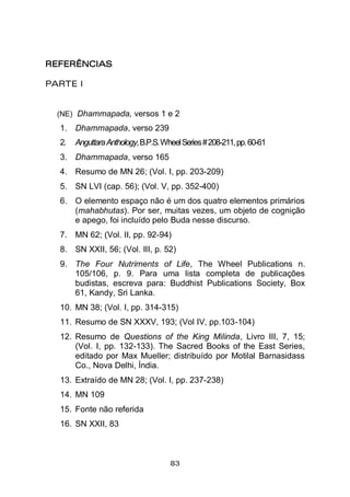 83
REFERÊNCIAS
PARTE I
(NE) Dhammapada, versos 1 e 2
1. Dhammapada, verso 239
2. AnguttaraAnthology,B.P.S.WheelSeries#208-211,pp.60-61
3. Dhammapada, verso 165
4. Resumo de MN 26; (Vol. I, pp. 203-209)
5. SN LVI (cap. 56); (Vol. V, pp. 352-400)
6. O elemento espaço não é um dos quatro elementos primários
(mahabhutas). Por ser, muitas vezes, um objeto de cognição
e apego, foi incluído pelo Buda nesse discurso.
7. MN 62; (Vol. II, pp. 92-94)
8. SN XXII, 56; (Vol. III, p. 52)
9. The Four Nutriments of Life, The Wheel Publications n.
105/106, p. 9. Para uma lista completa de publicações
budistas, escreva para: Buddhist Publications Society, Box
61, Kandy, Sri Lanka.
10. MN 38; (Vol. I, pp. 314-315)
11. Resumo de SN XXXV, 193; (Vol IV, pp.103-104)
12. Resumo de Questions of the King Milinda, Livro III, 7, 15;
(Vol. I, pp. 132-133). The Sacred Books of the East Series,
editado por Max Mueller; distribuído por Motilal Barnasidass
Co., Nova Delhi, Índia.
13. Extraído de MN 28; (Vol. I, pp. 237-238)
14. MN 109
15. Fonte não referida
16. SN XXII, 83
 