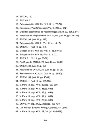 84
17. SN XXII, 100
18. SN XXIII, 2
19. Extraído de SN XXII, 79; (Vol. III, pp. 72-74)
20. Resumo de Visuddhimagga; (Vol. III, 213, p. 542)
21. Extraído e desenvolvido de Visuddhimagga; (Vol. III, 220-221, p. 544)
22. Paráfrase de um poema de SN XXII, 95; (Vol. III, pp.120-121)
23. SN XXII, 93; (Vol. III, p. 116)
24. Extraído de SN XXII, 7; (Vol. III, pp. 16-17)
25. SN XXII, 1; (Vol. III, pp. 1-2)
26. Sinopse de SN XXII, 59; (Vol. III, pp. 59-60)
27. Sinopse de SN XXII, 18; (Vol. III, p. 22)
28. SN XII, 61; (Vol. II, pp. 65-66)
29. Paráfrase de SN XXII, 22; (Vol. III, pp. 24-25)
30. SN XXII, 33; (Vol. III, p. 32)
31. Adaptado de SN XXII, 26; (Vol. III, pp. 27-28)
32. Resumo de SN XXII, 28; (Vol. III, pp. 29-30)
33. SN XXII, 53; (Vol. III, pp. 45-46)
34. SN XXII, 1; (Vol. III, pp. 155-156)
35. V. Parte III, cap. XVIII, 32; (pp. 689-690)
36. V. Parte III, cap. XVIII, 35; (p. 691)
37. V. Parte III, cap. XVIII, 36; (p. 691)
38. V. Parte III, cap. XVIII, 31; (p. 689)
39. V. Parte III, cap. XVIII, 28; (p. 688)
40. SN Vol. IV, cap. XXXV, 205; (pp. 129-130)
41. I. B. Horner, Buddhist Poetry, Colombo, Sri Lanka
42. V. Parte III, cap. XVIII, 29, 30; (pp. 688-689)
 
