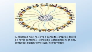 A educação hoje nos leva a conceitos próprios dentro
de novos contextos: Tecnologia, aprendizagem on-line,
conteúdos digitais e interação/interatividade.
 