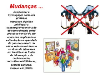 Mudanças ...
Estabelecer a
investigação como um
princípio
educativo significa
privilegiar a
construção/reconstrução
do conhecimento como
processo central do ato
educativo, implicando a
estimulação a capacidade
de questionamento do
aluno, o desenvolvimento
no aluno de interesses
em identificar as fontes
de informação e de
conhecimento,
consultando bibliotecas,
acervos culturais,
museus e internet.
 