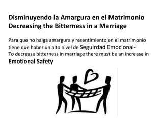 Disminuyendo la Amargura en el Matrimonio
Decreasing the Bitterness in a Marriage
Para que no haiga amargura y resentimiento en el matrimonio
tiene que haber un alto nivel de Seguirdad Emocional-
To decrease bitterness in marriage there must be an increase in
Emotional Safety
 