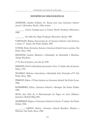 123
Construindo a auto-estima da criança negra
REFER¯NCIAS BIBLIOGR˘FICAS
ANDRADE, Inaldete Pinheiro de. Ensaio para uma Literatura Infanto-
juvenil Libertadora. Recife, 1986, mímeo.
________. Cincos Cantigas para se Contar. Recife: Produção Alternativa,
1989.
________. Pai Adão Era Nagô. Produção Alternativa. Recife, 1989.
CARVALHO, Bárbara Vasconcelos de. A Literatura Infantil: visão histórica
e crítica. 5ª edição. São Paulo: Global, 1987.
CUNHA, Maria Antonieta Antunes. Literatura Infantil: teoria e prática. São
Paulo: Ática, 1983.
DISTANTE, Camelo. Memória e Identidade. In: Identidade e Memória.
Tempo Brasileiro,
nº 95, Rio de Janeiro, out./dez de 1998.
ERIKSON, Erik H. Identidade, Juventude e Crise. 2ª edição. Rio de Janeiro:
Zahar, 1976
MUSZKAT, Malvina. Consciência e Identidade. Série Princípios nº73. São
Paulo: Ática, 1986.
PERROTI, Edmir. O Texto Sedutor na Literatura Infantil. São Paulo: Ícone,
1986.
ROSEMBERG, Fúlvia. Literatura Infantil e Ideologia. São Paulo: Global,
1985.
SILVA, Ana Célia da. A Discriminação do Negro no Livro Didático.
Salvador: CEAO/UFBa,1995.
ZILBERMAN, Regina. A Literatura Infantil na Escola. 2ª edição. São Paulo:
Global, 1982.
________; LAJOLO, Marisa. Literatura Infantil Brasileira. História e
Histórias. São Paulo: Ática, 1984.
 