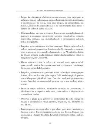 199
Racismo, preconceito e discriminação
• Propor às crianças que elaborem um documento, onde expressem as
ações que podem realizar, para que não haja mais racismo, preconceito
e discriminação na escola, entre seus amigos, na comunidade, nas
famílias, assumindo responsabilidades no cumprimento dos direitos e
deveres de cada um como cidadãos.
• Criar condições para que as crianças desenvolvam o sentido do nós, de
pertencer a um grupo, com direitos e deveres, com objetivos comuns,
mantendo, contudo, sua individualidade e diferenciação cultural,
étnica e de gênero.
• Pesquisar sobre artistas que tenham a ver com: diferenciação cultural,
cultura nacional, preconceito, discriminação. Recriar as obras. Analisar
com as crianças, por exemplo, algumas obras de Aleijadinho, danças
de origem africana ainda existentes, manifestações culturais como os
maçambiques, em Osório/RS.
• Visitar museus e casas de cultura, se possível, como oportunidade
para aprender mais sobre cultura, democracia, cidadania e etnias que
formaram a sociedade brasileira.
• Pesquisar, na comunidade, possíveis traços culturais de outros grupos
étnicos, além dos deixados pelos negros. Pedir a colaboração de pessoas
entendidas para explicá-los à classe. Descobrir modos de preservar esses
traços. Descobrir na comunidade pessoas negras que tenham algo a
contar.
• Produzir textos coletivos, abordando questões de preconceito e
discriminação, e organizar coletâneas, colocando-as à disposição da
comunidade escolar.
• Observar o grupo para perceber os sentimentos de cada criança em
relação à diferenciação étnica, cultural, de gênero, etc., existentes na
sala de aula.
• Fazer perguntas ao grupo sobre o que sabem sobre usos e costumes, a
língua e as artes dos povos representados na sala de aula. Mapear com
as crianças a situação detectada. Levantar informações sobre a cultura
africana.
 
