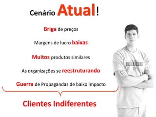Cenário Atual!Briga de preçosMargens de lucro baixasMuitos produtos similaresAs organizações se reestruturandoGuerra de Propagandas de baixo impactoClientes Indiferentes