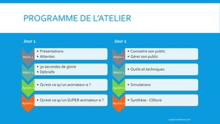 PROGRAMME DE L’ATELIER
Jour 1
Matin 1
• Présentations
• Attentes
Matin 2
• 30 secondes de gloire
• Debriefe
Aprèm 1
• Qu’est-ce qu’un animateur-e ?
Aprèm 2
• Qu’est-ce qu’un SUPER animateur-e ?
Jour 2
Matin 1
• Connaitre son public
• Gérer son public
Matin 2
• Outils et techniques
Aprèm 1
• Simulations
Aprèm 2
• Synthèse - Clôture
superanimateurs.com
 