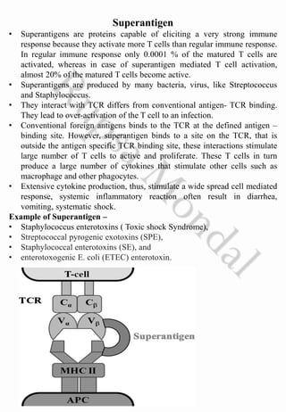 Superantigen
• Superantigens are proteins capable of eliciting a very strong immune
response because they activate more T cells than regular immune response.
In regular immune response only 0.0001 % of the matured T cells are
activated, whereas in case of superantigen mediated T cell activation,
almost 20% of the matured T cells become active.
• Superantigens are produced by many bacteria, virus, like Streptococcus
and Staphylococcus.
• They interact with TCR differs from conventional antigen- TCR binding.
They lead to over-activation of the T cell to an infection.
• Conventional foreign antigens binds to the TCR at the defined antigen –
binding site. However, superantigen binds to a site on the TCR, that is
outside the antigen specific TCR binding site, these interactions stimulate
large number of T cells to active and proliferate. These T cells in turn
produce a large number of cytokines that stimulate other cells such as
macrophage and other phagocytes.
• Extensive cytokine production, thus, stimulate a wide spread cell mediated
response, systemic inflammatory reaction often result in diarrhea,
vomiting, systematic shock.
Example of Superantigen –
• Staphylococcus enterotoxins ( Toxic shock Syndrome),
• Streptococcal pyrogenic exotoxins (SPE),
• Staphylococcal enterotoxins (SE), and
• enterotoxogenic E. coli (ETEC) enterotoxin.
 