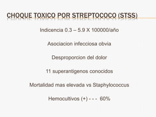 CHOQUE TOXICO POR STREPTOCOCO (STSS)
Indicencia 0.3 – 5.9 X 100000/año
Asociacion infecciosa obvia
Desproporcion del dolor
11 superantigenos conocidos
Mortalidad mas elevada vs Staphylococcus
Hemocultivos (+) - - - 60%
 