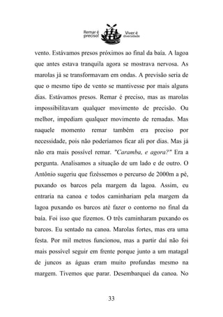 vento. Estávamos presos próximos ao final da baía. A lagoa
que antes estava tranquila agora se mostrava nervosa. As
marolas já se transformavam em ondas. A previsão seria de
que o mesmo tipo de vento se mantivesse por mais alguns
dias. Estávamos presos. Remar é preciso, mas as marolas
impossibilitavam qualquer movimento de precisão. Ou
melhor, impediam qualquer movimento de remadas. Mas
naquele

momento

remar

também

era

preciso

por

necessidade, pois não poderíamos ficar ali por dias. Mas já
não era mais possível remar. "Caramba, e agora?" Era a
pergunta. Analisamos a situação de um lado e de outro. O
Antônio sugeriu que fizéssemos o percurso de 2000m a pé,
puxando os barcos pela margem da lagoa. Assim, eu
entraria na canoa e todos caminhariam pela margem da
lagoa puxando os barcos até fazer o contorno no final da
baía. Foi isso que fizemos. O três caminharam puxando os
barcos. Eu sentado na canoa. Marolas fortes, mas era uma
festa. Por mil metros funcionou, mas a partir daí não foi
mais possível seguir em frente porque junto a um matagal
de juncos as águas eram muito profundas mesmo na
margem. Tivemos que parar. Desembarquei da canoa. No

33

 