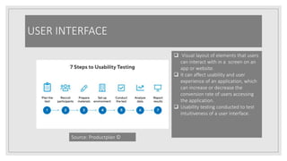 USER INTERFACE
 Visual layout of elements that users
can interact with in a screen on an
app or website.
 It can affect usability and user
experience of an application, which
can increase or decrease the
conversion rate of users accessing
the application.
 Usability testing conducted to test
intuitiveness of a user interface.
Source: Productplan ©
 