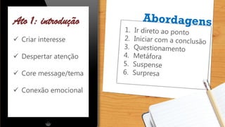 Ato 1: introdução
 Criar interesse
 Despertar atenção
 Core message/tema
 Conexão emocional
 