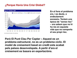 ¿Perque Havia Una Crisi Global?
En el fons el problema
era, i es deute, o
endeutament
excessiu. Teníem una
època de “sense risc”
– ara sabem que no hi
ha res en aquesta
vida que no comporta
el seu propi risc.
Però El Punt Clau Per Captar – Aquest es un
problema estructural, no es un problema cíclic. El
model de creixement basat en credit esta acabat
pels paisos desenvelopats. A partir d’ara el
creixement es basara en exportacións.
 