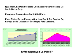 Igualment, Es Molt Probable Que Espanya Sera Incapaç De
Sortir De La Crisi.
En Aquest Cas Acabara Sortint Del Euro.
Estar Dintre De Un Espanya Que Hagi Sortit Del Control De
Europa Seria L’Escenari Mes Negre Pels Catalans.
Entre Espanya i La Pared?
 