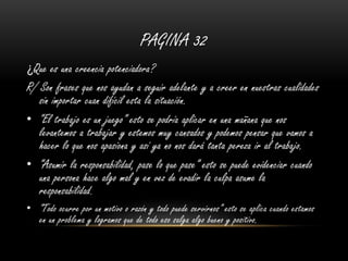 PAGINA 32
¿Que es una creencia potenciadora?
R/ Son frases que nos ayudan a seguir adelante y a creer en nuestras cualidades
sin importar cuan difícil esta la situación.
• “El trabajo es un juego” esto se podría aplicar en una mañana que nos
levantemos a trabajar y estemos muy cansados y podemos pensar que vamos a
hacer lo que nos apasiona y así ya no nos dará tanta pereza ir al trabajo.
• “Asumir la responsabilidad, pase lo que pase” esto se puede evidenciar cuando
una persona hace algo mal y en vez de evadir la culpa asume la
responsabilidad.
• “Todo ocurre por un motivo o razón y todo puede servirnos” esto se aplica cuando estamos
en un problema y logramos que de todo eso salga algo bueno y positivo.
 