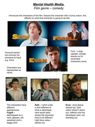 Introduces the characters of the film, freezes the character with a funny action, this reflects on what that character is going to be like.  Unusual names, not common for someone to have e.g. Chris. Seth  – t-shirt under a shirt different to what a stereotype nerd would wear, shows the character tried to be different. Light blue colour stands out. The characters have different appearances.  Fogell  – stereotyped as a nerd, glasses, old waistcoat and a baggy shirt.  Evan  - long sleeve striped top, dark colour doesn’t stand out, reflects onto the stereotype nerd, not standing out. Characters are represented as nerds. Font – Large capitals, orange, stands out to remember characters name. Mental Health Media. Film genre – comedy 