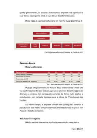 Página 14 de 74
gestão “planeamento”, se explore a forma como a empresa está organizada a
nível do seu organigrama, isto é, a nível da sua departamentalização.
Deste modo, o organigrama funcional em vigor na Super Bock Group é:
Fig.1 Organigrama Funcional, Relatório de Gestão de 2017
Recursos Gerais
 Recursos Humanos
Fig.2 Recursos Humanos, Relatório de Gestão de 2017
O grupo é hoje composto por mais de 1300 colaboradores e mais uma
vez os últimos anos têm sido notáveis. Apesar de o número de colaboradores ter
diminuído a empresa tem conseguido aumentar de forma muito positiva a
produtividade, com particular destaque para a rubrica da “Produtividade das
Vendas”.
Ao mesmo tempo, a empresa também tem conseguido aumentar a
produtividade e ao mesmo tempo manter relativamente estáveis a despesas com
Pessoal e trabalho temporário.
Recursos Tecnológicos
Não foi possível obter dados significativos em relação a este tópico.
 