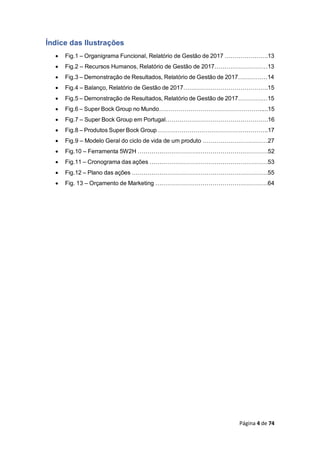 Página 4 de 74
Índice das Ilustrações
 Fig.1 – Organigrama Funcional, Relatório de Gestão de 2017 ………………….13
 Fig.2 – Recursos Humanos, Relatório de Gestão de 2017………………………13
 Fig.3 – Demonstração de Resultados, Relatório de Gestão de 2017……………14
 Fig.4 – Balanço, Relatório de Gestão de 2017…………………………………….15
 Fig.5 – Demonstração de Resultados, Relatório de Gestão de 2017……………15
 Fig.6 – Super Bock Group no Mundo…………………………………………….....15
 Fig.7 – Super Bock Group em Portugal…………………………………………….16
 Fig.8 – Produtos Super Bock Group ………………………………………………..17
 Fig.9 – Modelo Geral do ciclo de vida de um produto ……………………………27
 Fig.10 – Ferramenta 5W2H …………………………………………………………52
 Fig.11 – Cronograma das ações ……………………………………………………53
 Fig.12 – Plano das ações ……………………………………………………………55
 Fig. 13 – Orçamento de Marketing …………………………………………………64
 