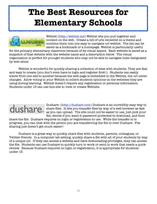 The Best Resources for
              Elementary Schools
!      !     !     !      Weblist (http://weblist.me) Weblist lets you pull together and
organize 	 	       	      content on the web. Create a list of urls centered on a theme and
	      	     	     	      combine them into one easy to navigate url weblist. The list can be
	      	     	     	      saved 	 s a bookmark or a homepage. Weblist is particularly useful
                                a
for the primary elementary classroom because of its visual aspect. Each website is saved as a
snapshot of that website with the website name and a description below. The visual
organization is perfect for younger students who may not be able to navigate links designated
by text alone.


      Weblist is wonderful for quickly sharing a collection of sites with students. They are fast
and easy to create (you don’t even have to login and register ﬁrst!). Students can easily
travel from one site to another because the web page is embedded in the Weblist, the url never
changes. Allow voting in your Weblist to collect students opinions on the websites they are
using during learning. Weblist doesn’t require any registration or personal information.
Students under 13 can use this site to view or create Weblists.





     
      
     
      Dushare- (http://dushare.com) Dushare is an incredibly easy way to

     
      
     
      share ﬁles. It lets you transfer ﬁles by way of a web browser as fast

     
      
     
      as you can upload. The site could not be easier to use, just pick your

     
      
     
      ﬁle, decide if you want it password protected to download, and then
share the ﬁle. Dushare requires no login or registration to use. While the transfer is in
progress, you can chat with the person you are transferring the ﬁle to over Dushare. File
sharing just doesn’t get much easier!

	      Dushare is a great way to quickly share ﬁles with students, parents, colleagues, or
Twitter friends. In a computer lab setting, quickly share a ﬁle with all of your students by way
of a unique url. If they can access a website and have downloading privileges, they can access
the ﬁle. Students can use Dushare to quickly turn in work or send in work that needs a quick
review. Because Dushare requires no login or registration, it is appropriate for students
under 13.




                                                11
 