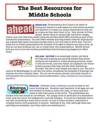 The Best Resources for
               Middle Schools

     
      
     
    
     ahead.com  Presentations don’t have to be static or

     
      
     
    
     boring and Ahead is a web-based tool that allows students

     
      
     
    
     and teachers to create non-linear presentations that are

     
      
     
    
     as unique as they want them to be.  Very similar to Prezi,

     
      
     
    
     Ahead  allows users to upload high resolution images,
videos, and even ﬁles from Adobe products and Microsoft Ofﬁce directly as part of the
interactive presentation. The site offers website and blog embed codes for sharing and
has a great high-speed zooming interface that is cool and easy to work with. This is a
great tool to create presentations for students of all ages to explore and learn from, as
well as one that students can use to create their own presentations.  Middle School
kids are sure to love the endless possibilities that this learning playground offers
them!


     
    
     
     
     Art.com - Art Pad is an amazingly simple, yet fairly

     
    
     
     
     full-featured drawing and painting website that allows

     
    
     
     
     students and teachers to create amazing artwork, share

     
    
     
     
     it with the world, and even watch (or playback) the whole

     
    
     
     
     artistic process that they and the other painters go

     
    
     
     
     through. The site is very simple and easy to use. You don’t
need to be Michelangelo to use this one either, sometimes the simplest of drawings can
express the most complex ideas.  The art can be saved, printed, and easily shared or
incorporated into a document or online presentation. (http://artpad.art.com/artpad/
painter/)



     
      
           Bitstrips - Bitstrips (http://bitstrops.com)is an easy to use

     
      
     
     comic building site.  Students (and teachers) of all ages can use

     
      
     
     this webtool to create a comic cell, strip, or story and then

     
      
     
     share it with their peers or the world.  The possibilities are
endless with this simple to use website.  You simply click on attributes of a character's
build, pick the colors, the background, and add dialogue.  It would be a fantastic tool to
use with illustrating a scene from a novel, or even to help a student understand a
complex theory such as gravity in science.  Bitstrips is fun, free (although there are
paid features available), and very useful as a teaching tool.




                                            26
 