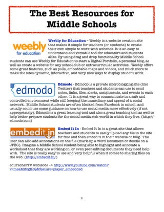 The Best Resources for
               Middle Schools

     
     
     
     Weebly for Education – Weebly is a website creation site

     
     
     
     that makes it simple for teachers (or students) to create

     
     
     
     their own simple to work with websites. It is an easy to

     
     
     
     understand and versatile tool for educators and students

     
     
     
     alike. By using drag and drop functionality Middle School
students can use Weebly for Education to start a Digital Portfolio, a personal blog, as
well as create a website for any school club or extracurricular activities.  Weebly offers
some great features, such as polls, embeddable maps and videos, and much more to
make the sites dynamic, interactive, and very nice ways to display student work.



     
     
    
     
     Edmodo - Edmodo is a private microblogging site (like

     
     
    
     
     Twitter) that teachers and students can use to send

     
     
    
     
     notes, links, ﬁles, alerts, assignments, and events to each

     
     
    
     
     other.  It is a great way to communicate in a safe and
controlled environment while still keeping the immediacy and appeal of a social
network.  Middle School students are often blocked from Facebook in school, and
usually could use some guidance on how to use social media more effectively (if not
appropriately). Edmodo is a great learning tool and also a great teaching tool as well to
help better prepare students for the social media rich world in which they live. (http://
edmodo.com)


     
     
       
     
     Embed It In - Embed It In is a great site that allows

     
     
       
     
     teachers and students to easily upload any ﬁle to the site

     
     
       
     
     for free and then embed it in their website or blog.  The
user can also add annotations on the ﬁle (mark-up a Word Document or doodle on a
JPEG). Imagine a Middle School student being able to highlight and annotate a
worksheet that they are working on, or even peer-editing documents they need help
with.  The site is really easy to use and very helpful when it comes to sharing ﬁles on
the web. (http://embedit.in/)

eduTecherTV webisode --> http://www.youtube.com/watch?
v=meaMifcgKcQ&feature=player_embedded




                                            31
 