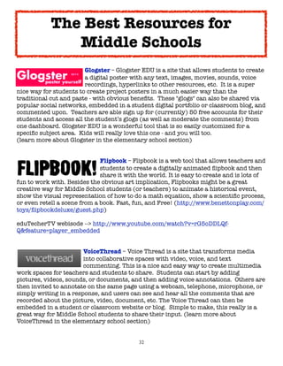 The Best Resources for
               Middle Schools

     
     
     
      Glogster – Glogster EDU is a site that allows students to create

     
     
     
      a digital poster with any text, images, movies, sounds, voice

     
     
     
      recordings, hyperlinks to other resources, etc.  It is a super
nice way for students to create project posters in a much easier way than the
traditional cut and paste - with obvious beneﬁts.  These "glogs" can also be shared via
popular social networks, embedded in a student digital portfolio or classroom blog, and
commented upon.  Teachers are able sign up for (currently) 50 free accounts for their
students and access all the student’s glogs (as well as moderate the comments) from
one dashboard. Glogster EDU is a wonderful tool that is so easily customized for a
speciﬁc subject area.  Kids will really love this one - and you will too.
(learn more about Glogster in the elementary school section)



     
     
      
     
    Flipbook – Flipbook is a web tool that allows teachers and

     
     
      
     
    students to create a digitally animated ﬂipbook and then

     
     
      
     
    share it with the world. It is easy to create and is lots of
fun to work with. Besides the obvious art implication, Flipbooks might be a great
creative way for Middle School students (or teachers) to animate a historical event,
show the visual representation of how to do a math equation, show a scientiﬁc process,
or even retell a scene from a book. Fast, fun, and Free! (http://www.benettonplay.com/
toys/ﬂipbookdeluxe/guest.php)

eduTecherTV webisode --> http://www.youtube.com/watch?v=rG5oDDLQf-
Q&feature=player_embedded



     
     
     
     VoiceThread – Voice Thread is a site that transforms media

     
     
     
     into collaborative spaces with video, voice, and text

     
     
     
     commenting. This is a nice and easy way to create multimedia
work spaces for teachers and students to share.  Students can start by adding
pictures, videos, sounds, or documents, and then adding voice annotations.  Others are
then invited to annotate on the same page using a webcam, telephone, microphone, or
simply writing in a response, and users can see and hear all the comments that are
recorded about the picture, video, document, etc. The Voice Thread can then be
embedded in a student or classroom website or blog.  Simple to make, this really is a
great way for Middle School students to share their input. (learn more about
VoiceThread in the elementary school section)


                                            32
 