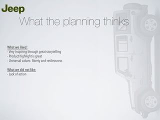 What the planning thinks
What we liked:
- Very inspiring through great storytelling
- Product highlight is great
- Universal values: liberty and restlessness
What we did not like:
- Lack of action

 