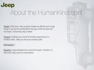About the HumanKind spirit
People: SUVs have a clear purpose. People are offered such a huge
range of cars the the real beneﬁt of having an SUV has been lost:
one doesn’t know why Jeep is better
Purpose: Facilitates your thirst for limitless experiences in a
limitless world - helps you leave your beaten paths
Participation: /
Populism: Jeep embodies the success for Europe’s freedom. In
that sense Jeep is part of conversations

 