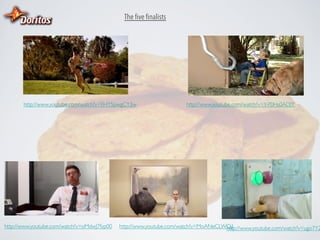 The ﬁve ﬁnalists

http://www.youtube.com/watch?v=FHY5pwgCY3w	


http://www.youtube.com/watch?v=oMdwJ7fyp00	


http://www.youtube.com/watch?v=Y-P0Hs0ADJY	


http://www.youtube.com/watch?v=MoANeCLWOjI	

http://www.youtube.com/watch?v=ugo7Y2

 