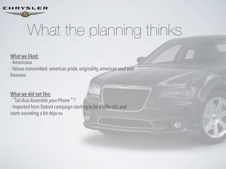 What the planning thinks
What we liked:
- Americana
- Values transmitted: american pride, originality, american soul and
ﬁneness
What we did not like:
- ”Let Asia Assemble your Phone” ?
- Imported from Detroit campaign starting to be a little old, and
starts sounding a bit déja-vu

 
