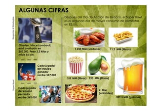 SuperBowlNegocios&Estrategias
ALGUNAS CIFRAS
Después del Día de Acción de Gracias, el Super Bowl
es el segundo día de mayor consumo de alimentos
en EE.UU.
3.8 MM (libras)
1,250 MM (unidades) 11.2 MM (libras)
120 MM (libras)
4 MM
(unidades)
329.5 MM (galones)
El trofeo, Vince Lombardi,
está avaluado en
$50,000. Pesa 3.2 kilos y
mide 56 cm.
	
  
Cada jugador
del equipo
ganador
recibe $97,000
	
  
Cada jugador
del equipo
perdedor
recibe $49,000
	
  
 