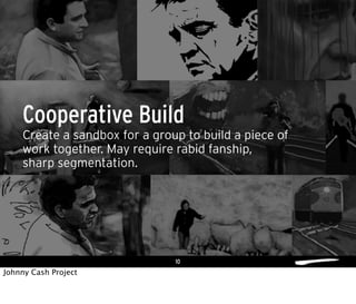 10
Create a sandbox for a group to build a piece of
work together. May require rabid fanship,
sharp segmentation.
Cooperative Build
Johnny Cash Project
 