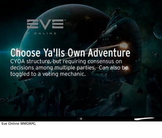 14
CYOA structure, but requiring consensus on
decisions among multiple parties. Can also be
toggled to a voting mechanic.
Choose Ya'lls Own Adventure
Eve Online MMORPG
 