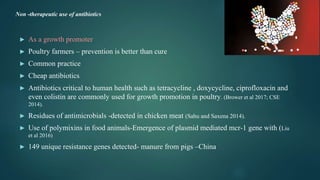 ► As a growth promoter
► Poultry farmers – prevention is better than cure
► Common practice
► Cheap antibiotics
► Antibiotics critical to human health such as tetracycline , doxycycline, ciprofloxacin and
even colistin are commonly used for growth promotion in poultry. (Brower et al 2017; CSE
2014).
► Residues of antimicrobials -detected in chicken meat (Sahu and Saxena 2014).
► Use of polymixins in food animals-Emergence of plasmid mediated mcr-1 gene with (Liu
et al 2016)
► 149 unique resistance genes detected- manure from pigs –China
Non -therapeutic use of antibiotics
 