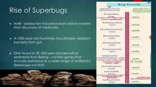 Rise of Superbugs
► AMR - existed ten thousand years before modern
man discovery of medicines.
► A 1000 year-old mummies- Inca Empire –resistant
bacteria from gut.
► DNA found in 30, 000-year-old permafrost
sediments from Bering - contain genes that
encode resistance to a wide range of antibiotics
(Balamurugan et al 2018).
 
