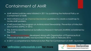 Containment of AMR
► AMR related policies were initiated in 2011 by publishing the National Policy on
Containment of AMR.
► NGO initiative such as Chennai Declaration-published to create a roadmap to
tackle AMR problem.
► ICMR launched the program on Antimicrobial Stewardship, Prevention of Infection
and Control (ASPIC) in 2012.
► The Antimicrobial Resistance Surveillance Research Network (AMRSN) established by
the ICMR.
► The Red Line Campaign developed along with Organization of Pharmaceutical
Producers of India (OPPI) was launched in New Delhi in February 2016.
► In 2017, a comprehensive National Action Plan for Containment of AMR - launched.
Visit vetinsider.veteaselab.com for more
 