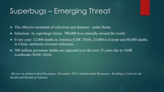 Superbugs – Emerging Threat
► The effective treatment of infections and diseases- under threat.
► Infections by superbugs claims 700,000 lives annually around the world.
► Every year- 23,000 deaths in America (CDC 2018), 25,000 in Europe and 80,000 deaths
in China -antibiotic-resistant infections.
► 300 million premature deaths are expected over the next 35 years due to AMR
worldwide (WHO 2018).
(Review on Antimicrobial Resistance, December 2014, Antimicrobial Resistance: Tackling a Crisis for the
Health and Wealth of Nations)
 