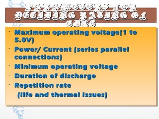 PARAMETERS FORPARAMETERS FOR
DECIDING RATING OFDECIDING RATING OF
EDLCEDLC

Maximum operating voltage(1 toMaximum operating voltage(1 to
5.0V)5.0V)

Power/ Current (series parallelPower/ Current (series parallel
connections)connections)

Minimum operating voltageMinimum operating voltage

Duration of dischargeDuration of discharge

Repetition rateRepetition rate
(life and thermal issues)(life and thermal issues)

Maximum operating voltage(1 toMaximum operating voltage(1 to
5.0V)5.0V)

Power/ Current (series parallelPower/ Current (series parallel
connections)connections)

Minimum operating voltageMinimum operating voltage

Duration of dischargeDuration of discharge

Repetition rateRepetition rate
(life and thermal issues)(life and thermal issues)
 