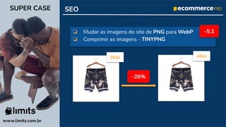 ❏ Mudar as imagens do site de PNG para WebP
❏ Comprimir as imagens - TINYPNG
SEO
66kb 46kb
www.limits.com.br
SUPER CASE
-5,1
-26%
 