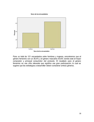 39
Para un total de 121 encuestados entre hombres y mujeres, encontramos que el
género femenino con un 36,4% y el género masculino 63,6% siendo este el mayor
comprador y principal consumidor del producto. El resultado para el género
femenino es una cifra relevante que significa una gran participación, lo cual se
sugiere que las estrategias a desarrollar deben considerar ambos géneros.
 