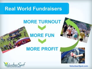 Real World Fundraisers

       MORE TURNOUT

         MORE FUN
             =
        MORE PROFIT


                         VolunteerSpot.com
 